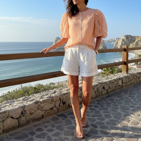 #A091   WHY DRESS Cottagecore  Peach Ruffle Puff Sleeve Top Organza NWT  L - Picture 12 of 12